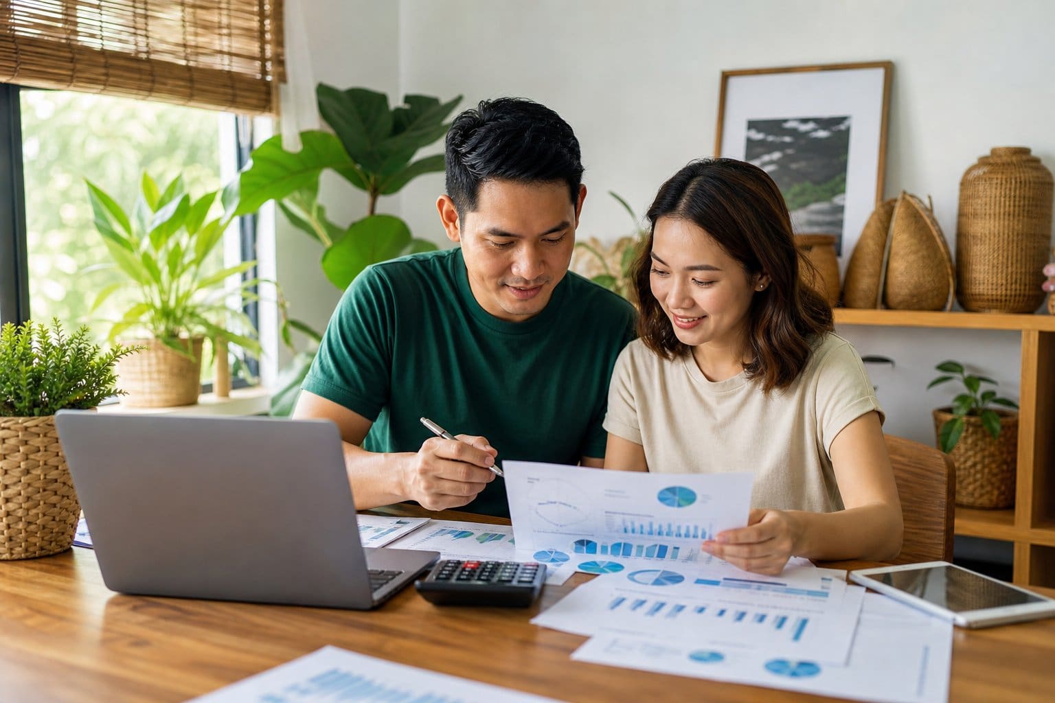 A Filipino person reviewing home buying documents and financial plans at a bright home office with a laptop, calculator, and papers on the table.