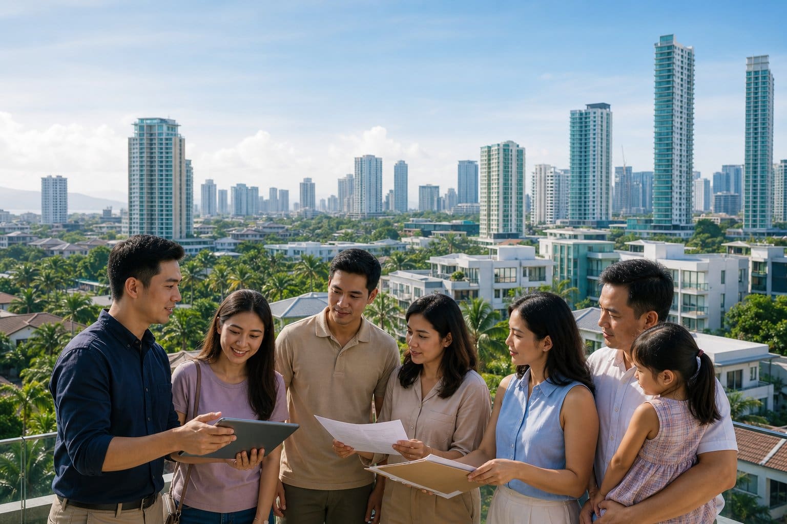 A group of local people discussing property documents in front of a city skyline with residential buildings and palm trees in Cebu.
