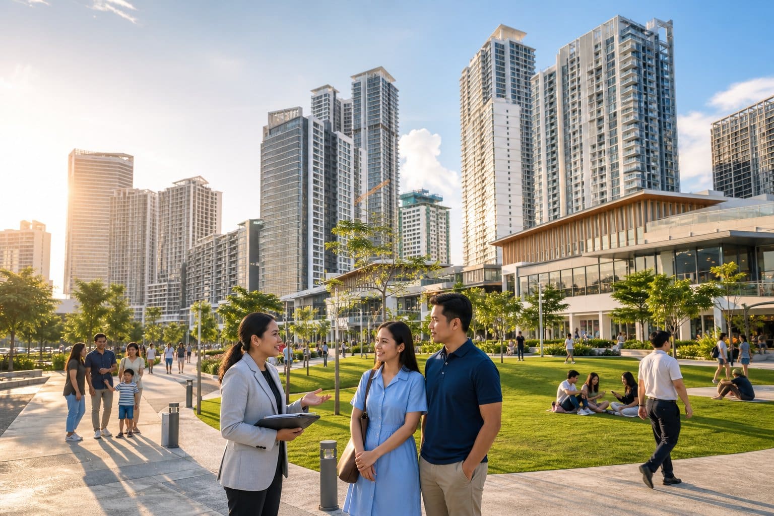 A cityscape of modern residential buildings in Cebu with local residents walking and interacting in a green public area.