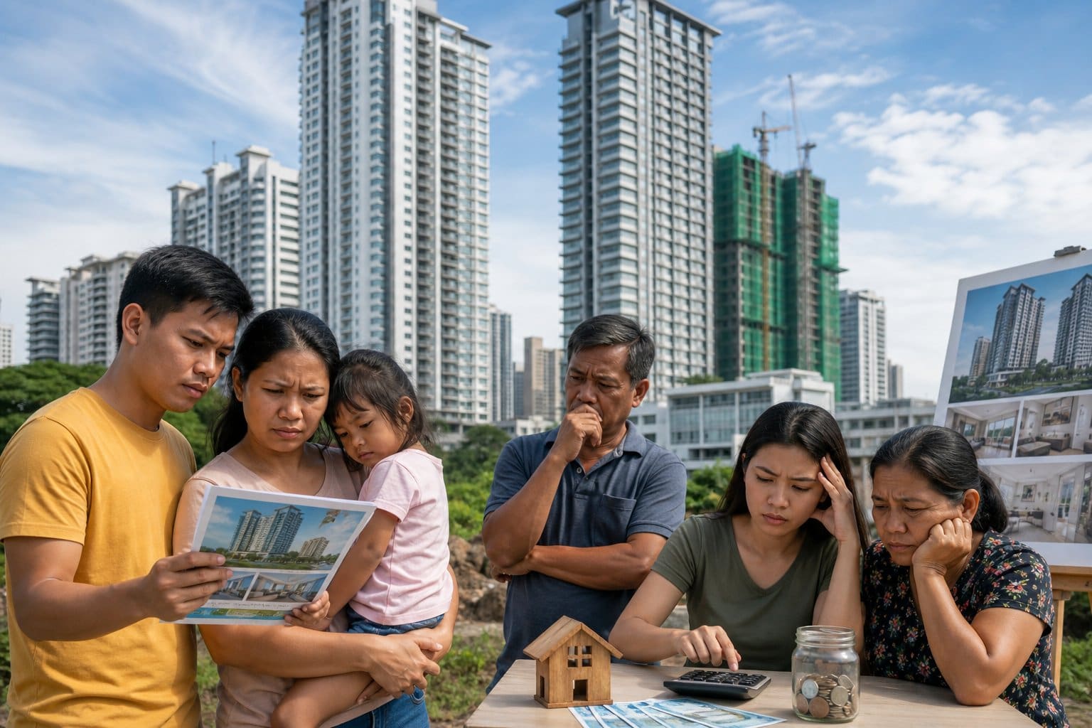 People in Cebu city looking at residential buildings and discussing real estate options with a city skyline in the background.