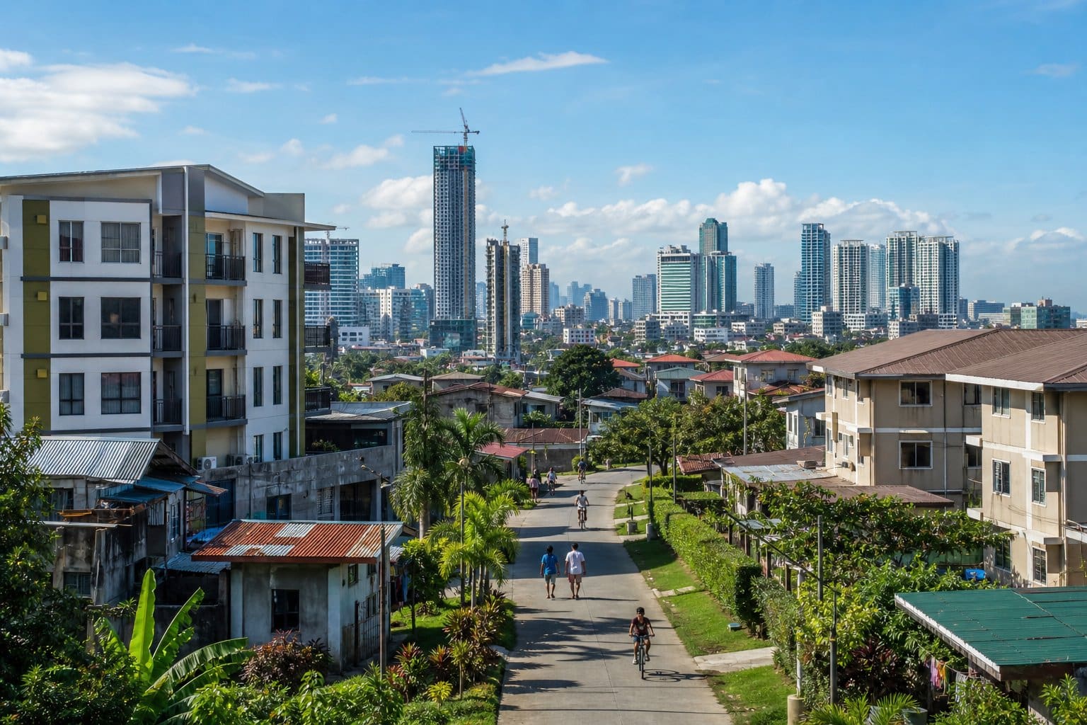 A neighborhood in Metro Cebu with mid-rise buildings, houses, people walking and biking, and a city skyline in the background.