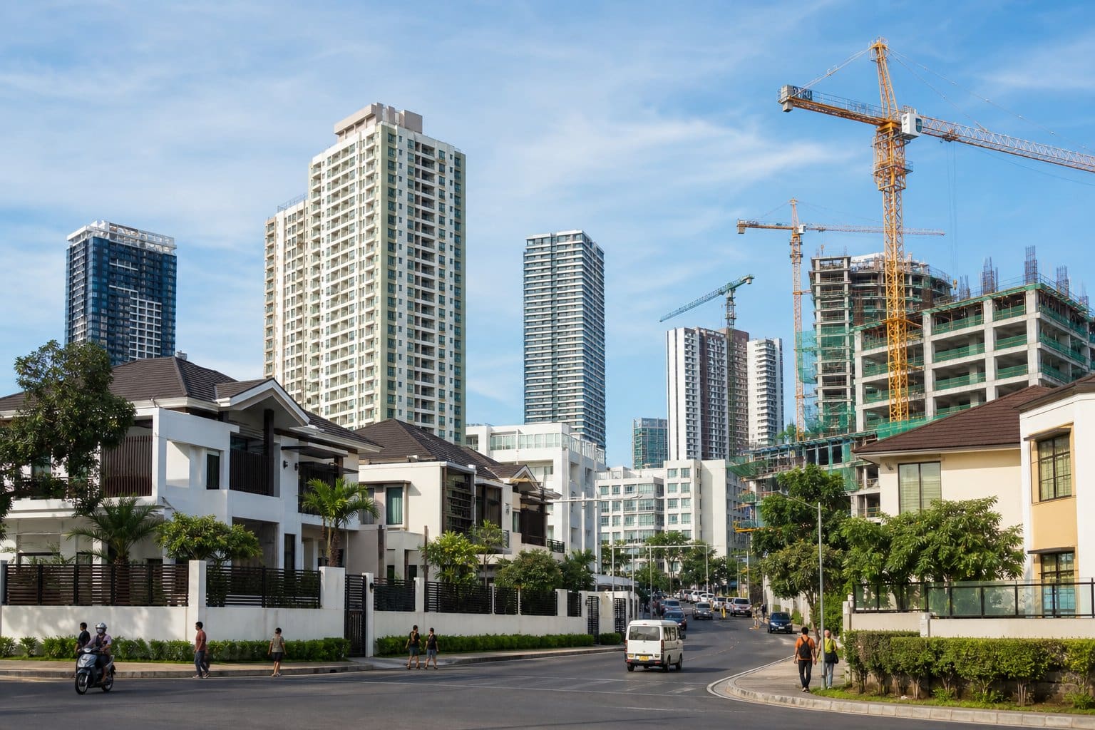 Urban scene in Cebu showing residential and commercial buildings with people walking nearby and construction cranes in the background.