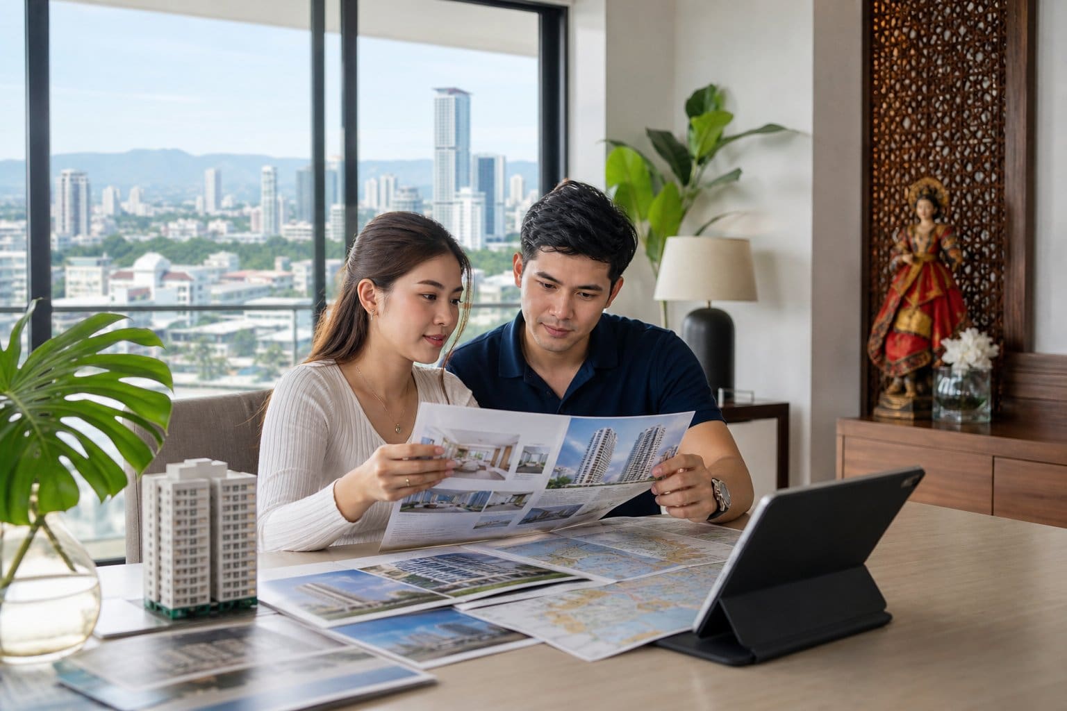 A local Filipino family or couple reviewing property options indoors with a view of Cebu City's skyline in the background.