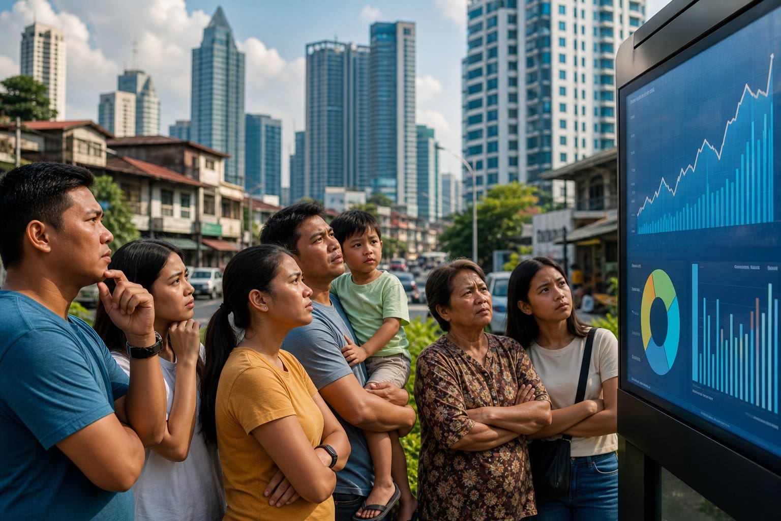 Local people in Cebu looking at a digital display of property market data with city buildings in the background.