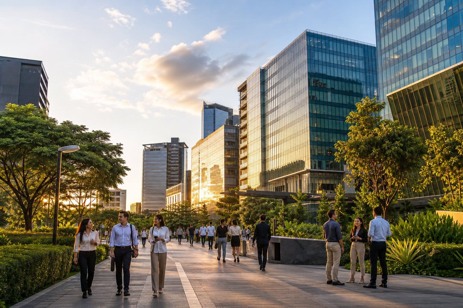 Modern office buildings and business professionals walking in a landscaped urban park under a clear sky.