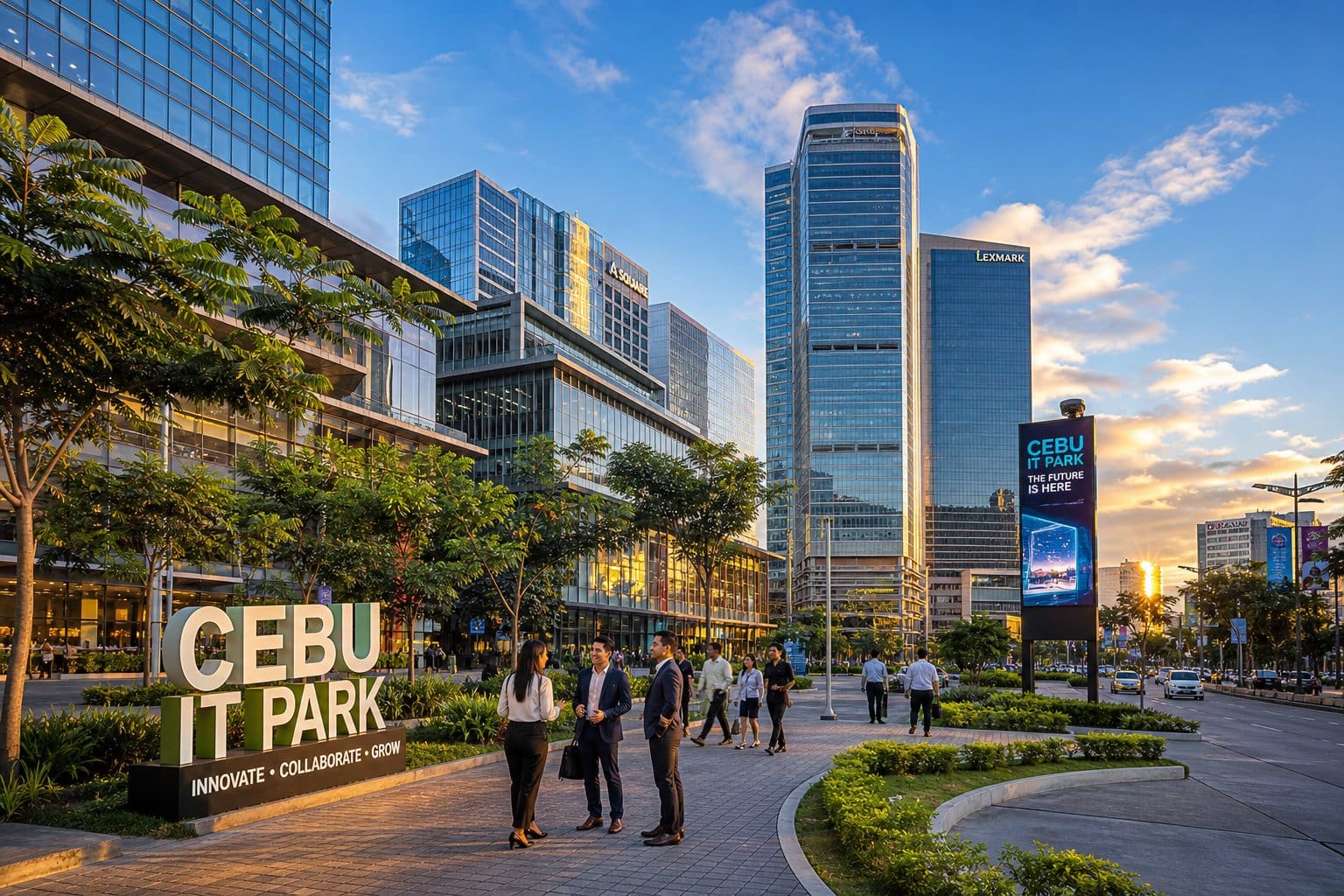 Modern office buildings and business people walking in a vibrant urban park setting with greenery and clear skies.