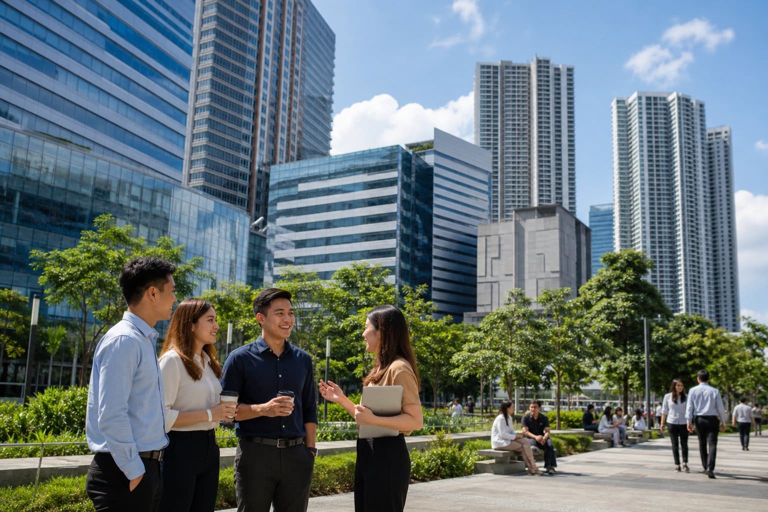 Modern office buildings and residential towers in Cebu IT Park with people walking and talking in a green urban area.