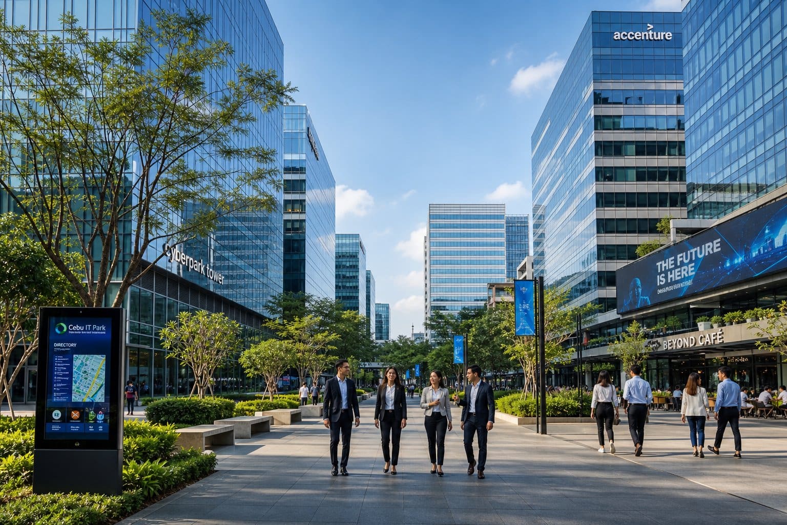 Modern office buildings with glass facades and green spaces in a busy urban business park with people walking and interacting outdoors.