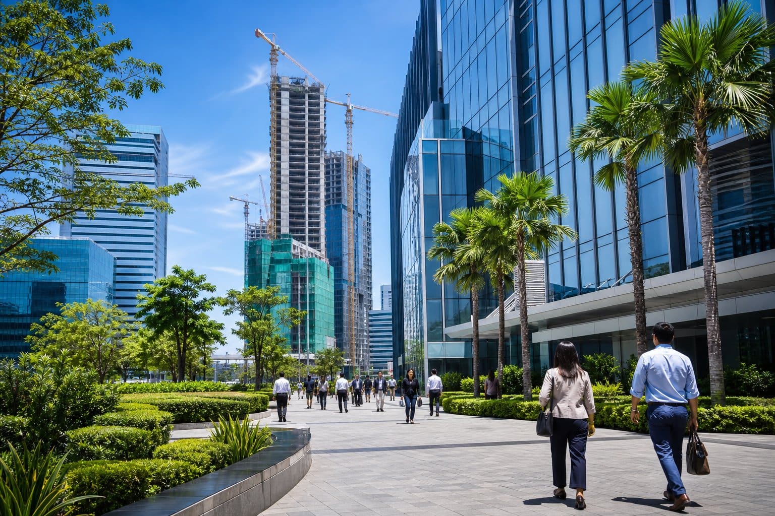 Modern office buildings and people walking in a busy urban business district with construction cranes in the background.