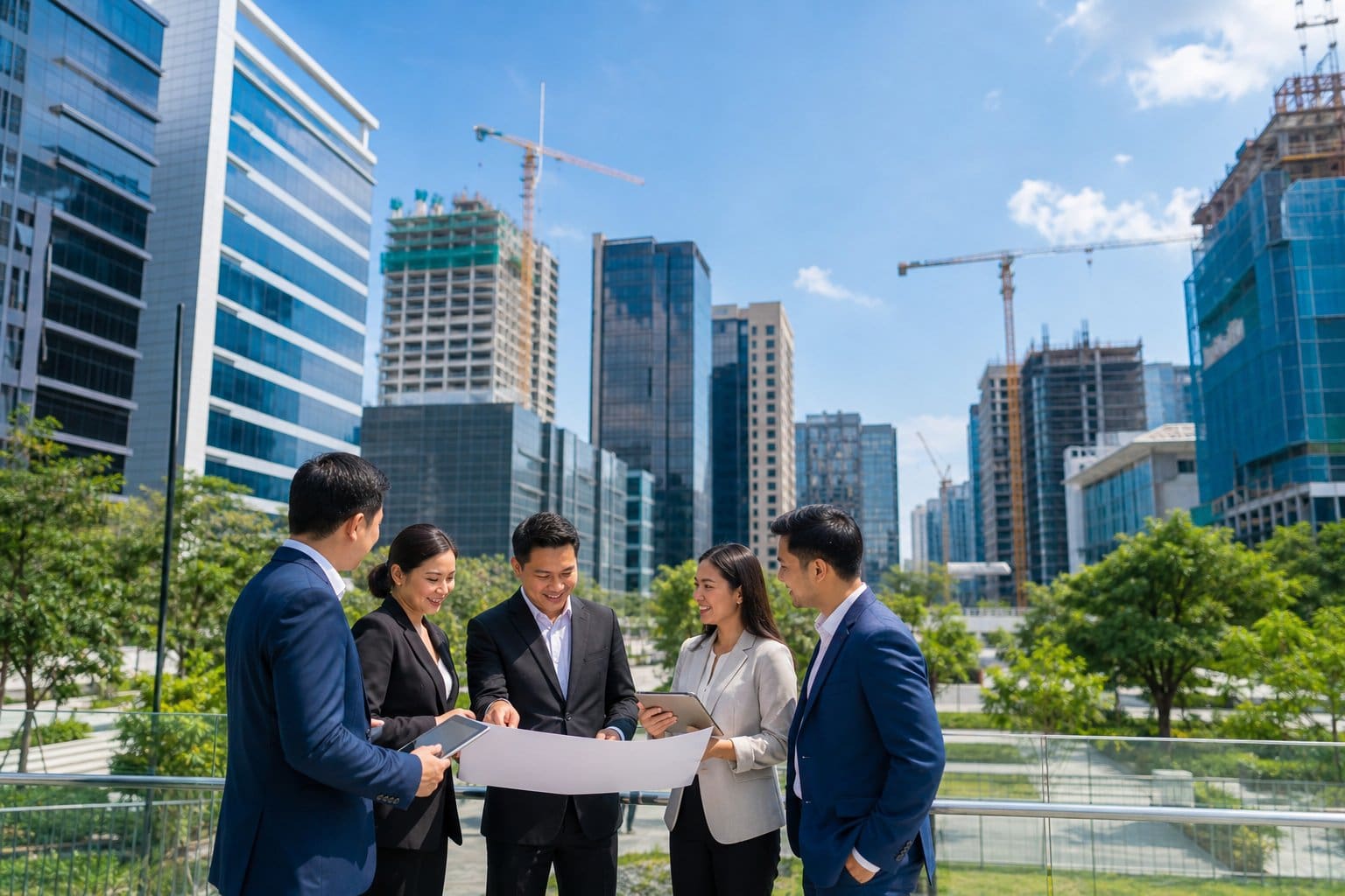 A group of business professionals discussing plans in front of modern office buildings and construction sites in a bustling urban area with greenery.