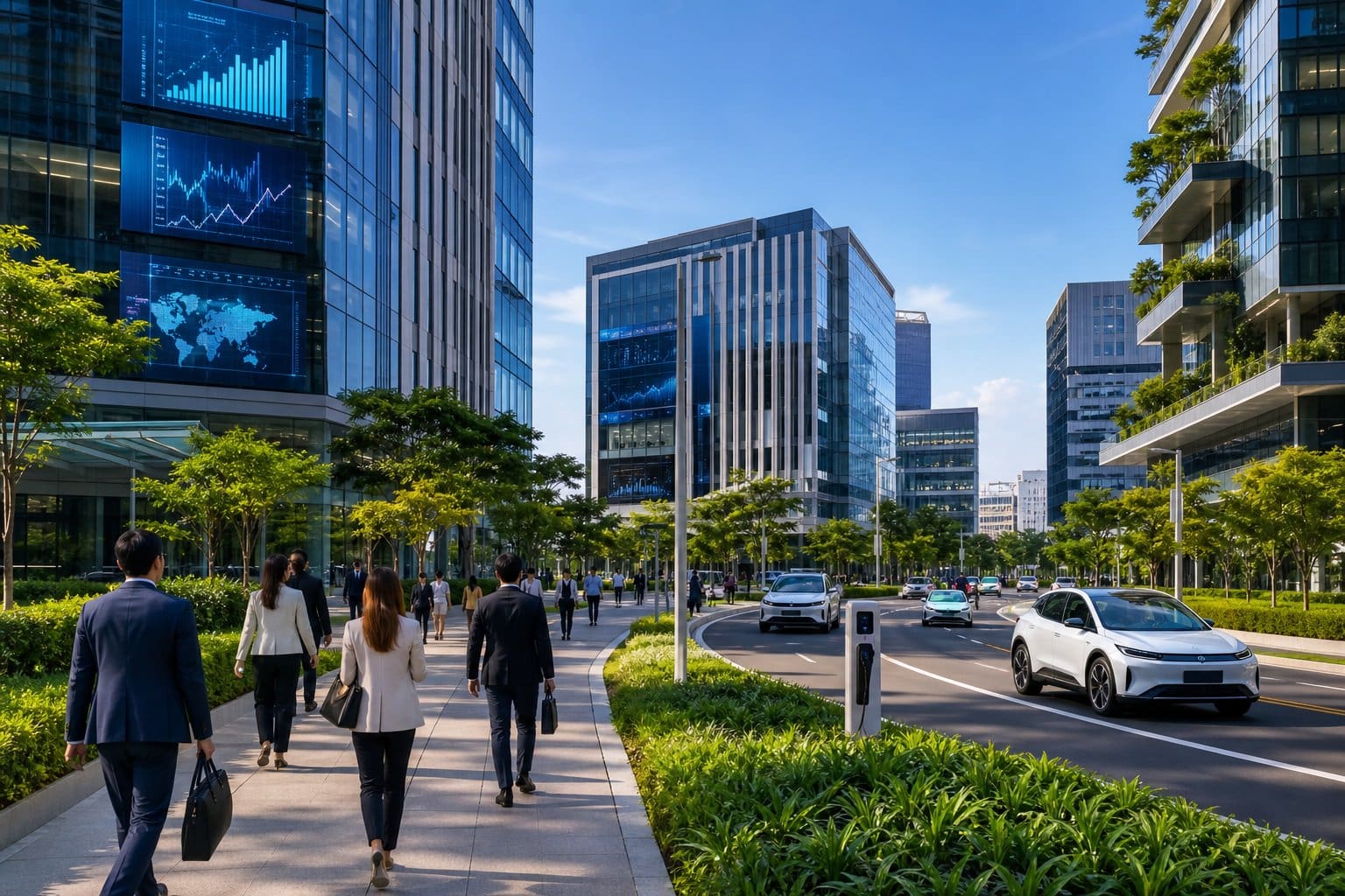 Modern office buildings and landscaped walkways in a busy urban business district with people walking and electric vehicles on the road.