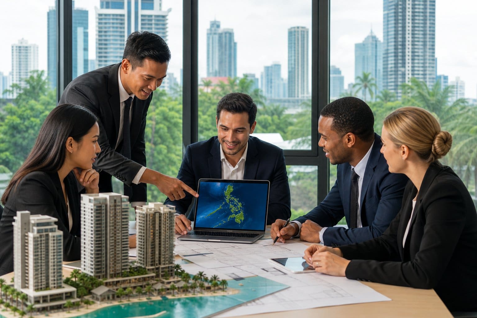 A diverse group of businesspeople discussing real estate plans in a modern office with a city skyline in the background.