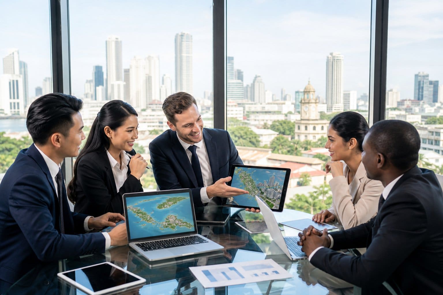 A group of international businesspeople discussing real estate investment with digital devices and a cityscape of the Philippines visible through a large window.