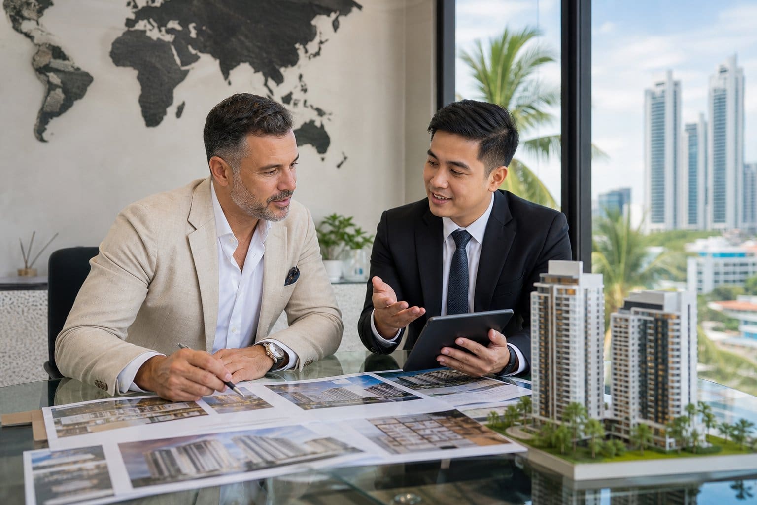 A foreign investor and a Filipino real estate agent discussing property documents in a modern office with a tropical city view.