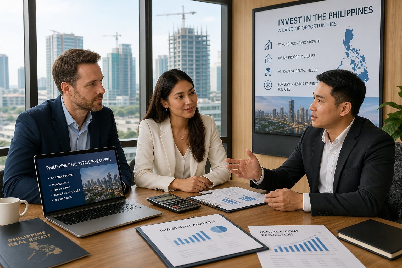 A group of professionals discussing real estate investment around a desk with documents and a laptop, with a cityscape visible through a window in the background.