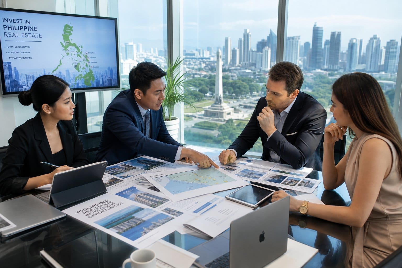 A group of professionals discussing real estate investment around a conference table with documents and laptops in a bright office overlooking a city.