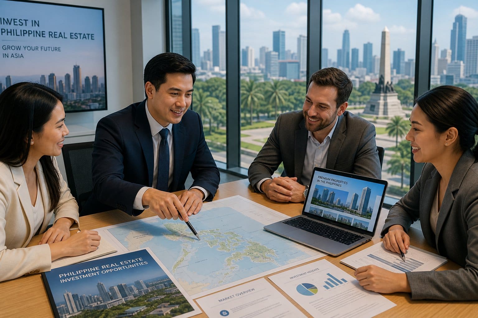 A group of business professionals discussing real estate investment in a modern office with a city view featuring Philippine landmarks.