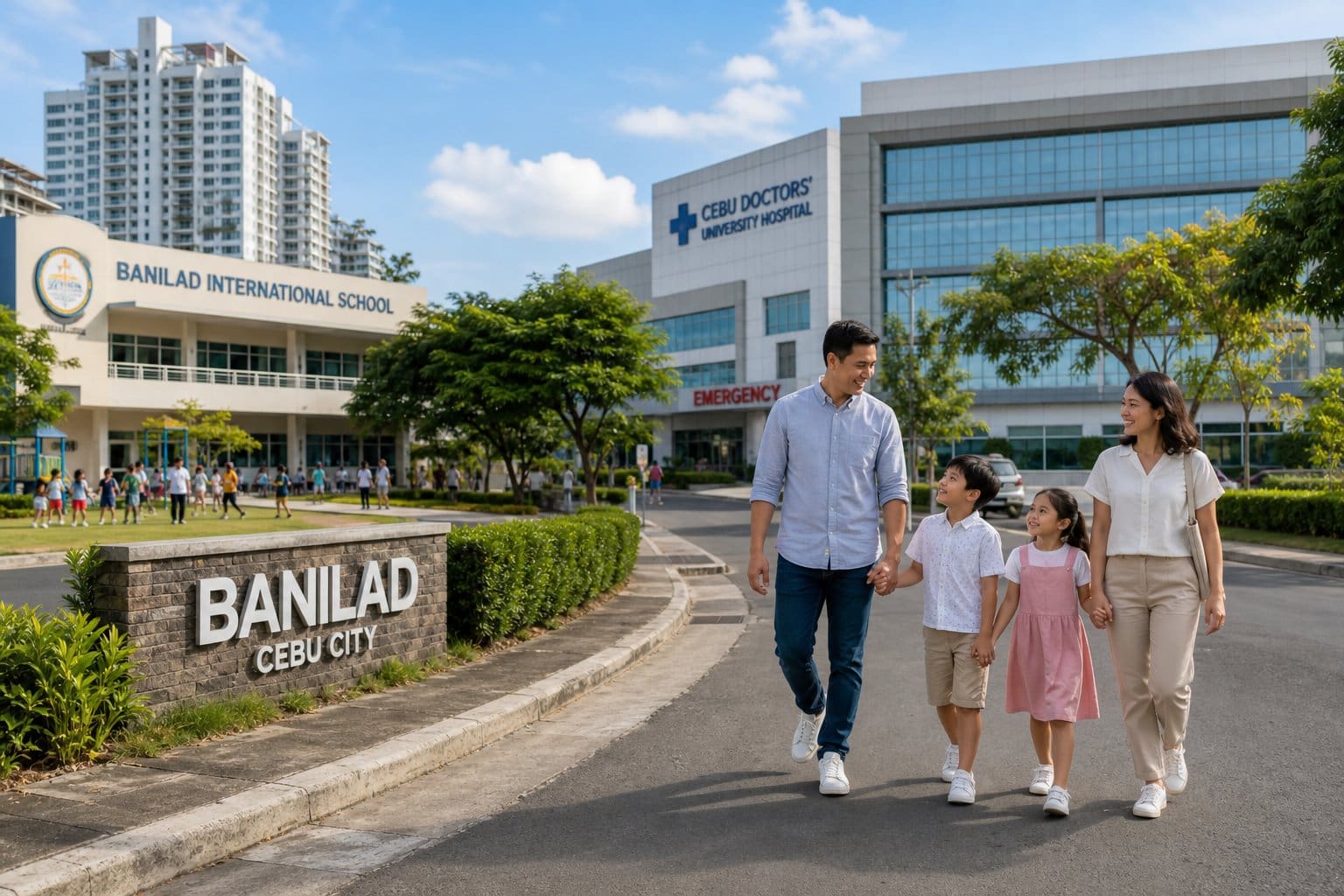 A family walking in a clean neighborhood with a school and hospital visible in the background.