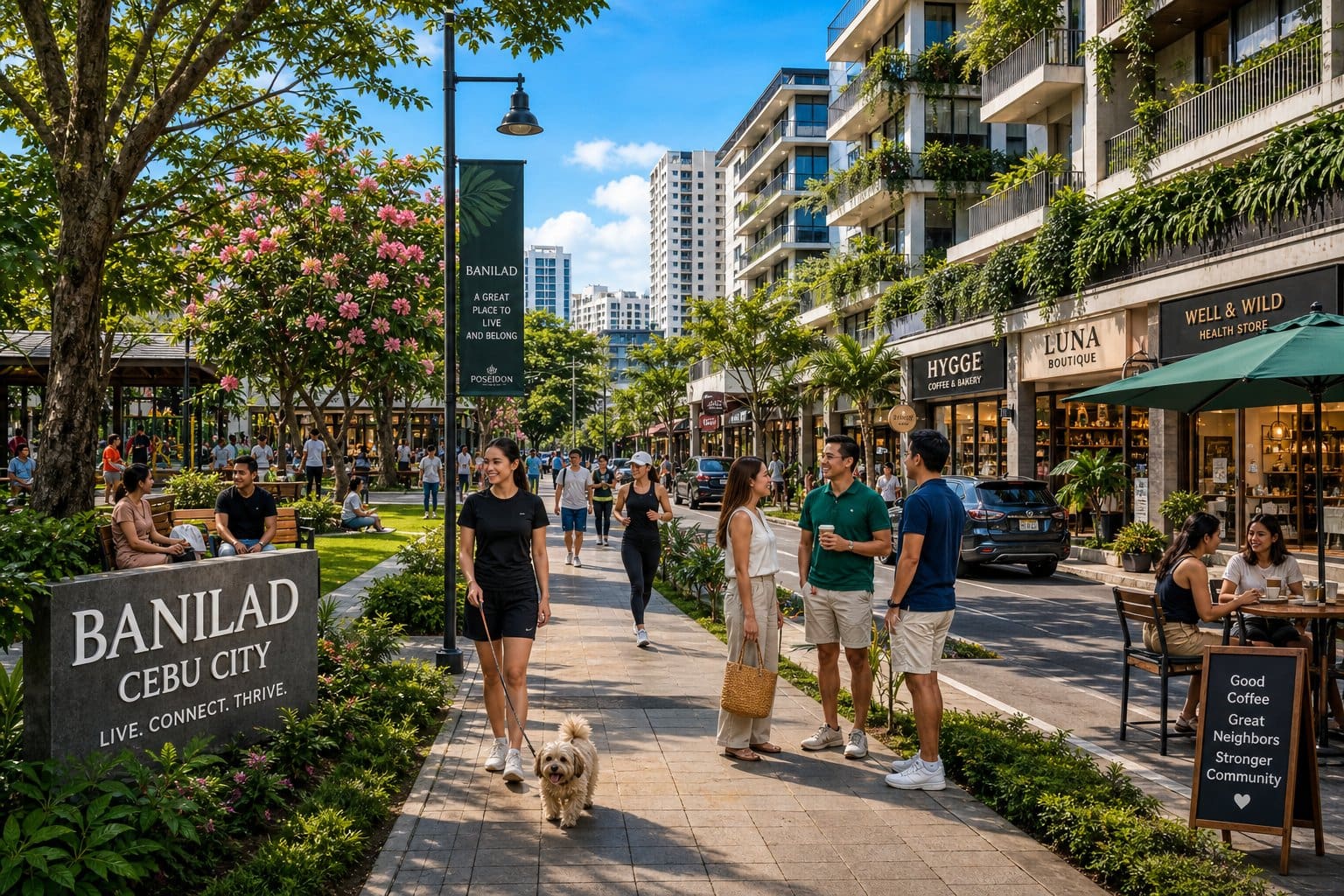 A lively neighborhood in Banilad, Cebu City with people walking, greenery, shops, and modern buildings.