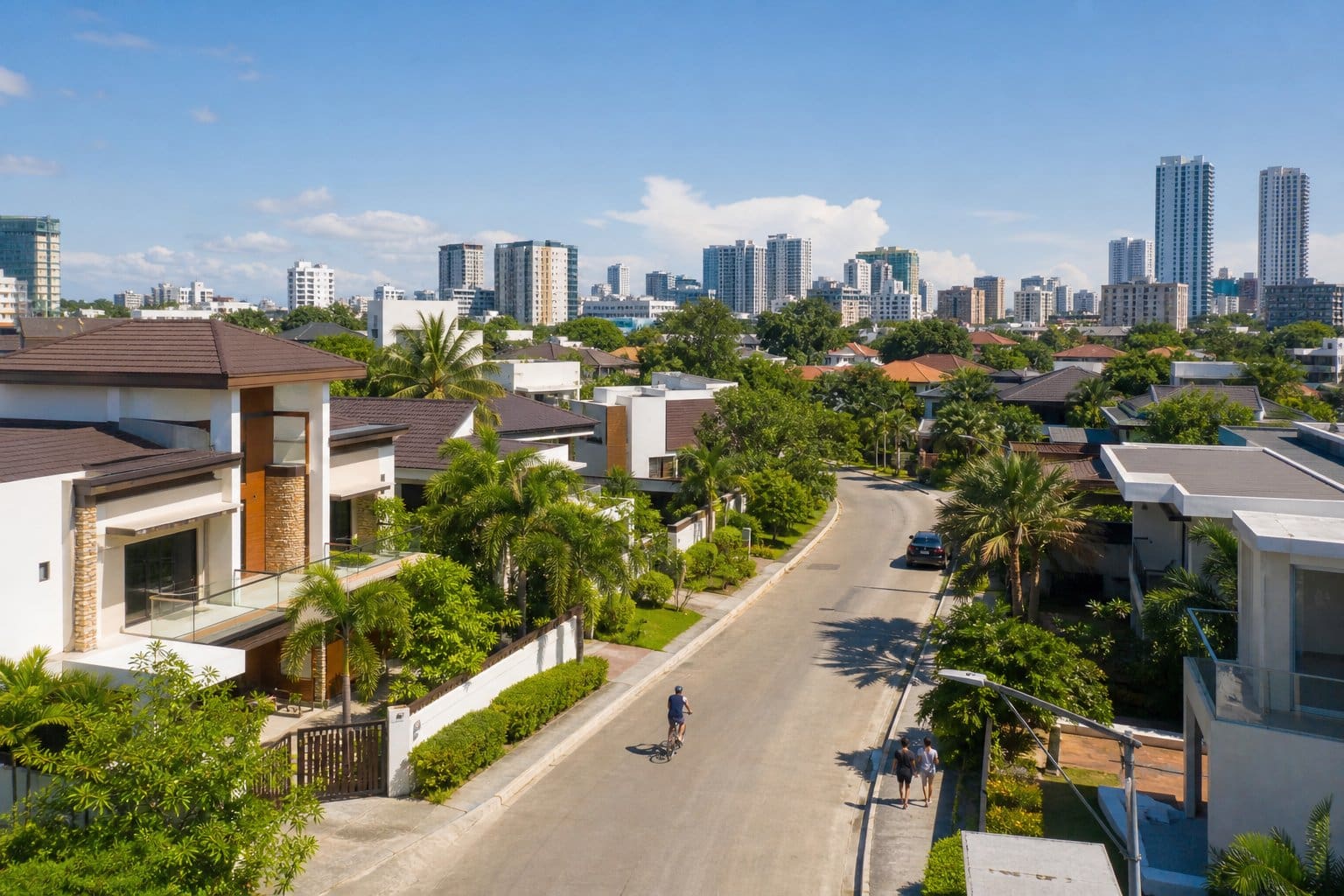 A sunny street in a residential neighborhood with modern houses, tropical trees, and people walking and biking.