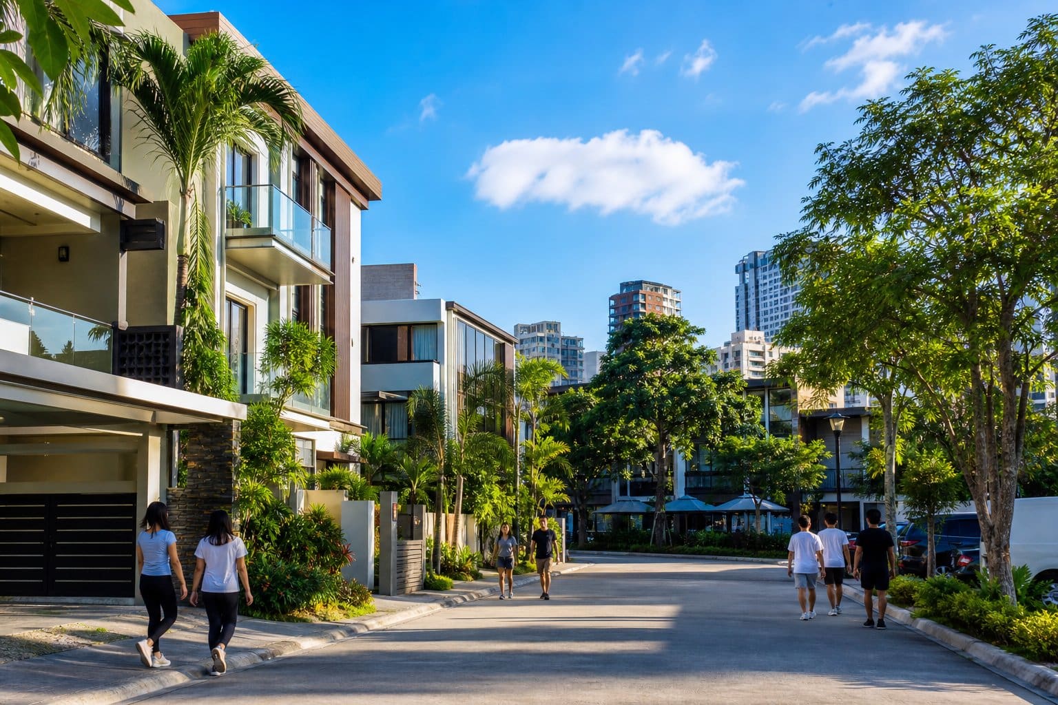 A lively urban neighborhood with modern buildings, greenery, and people walking along the street in Banilad, Cebu City.