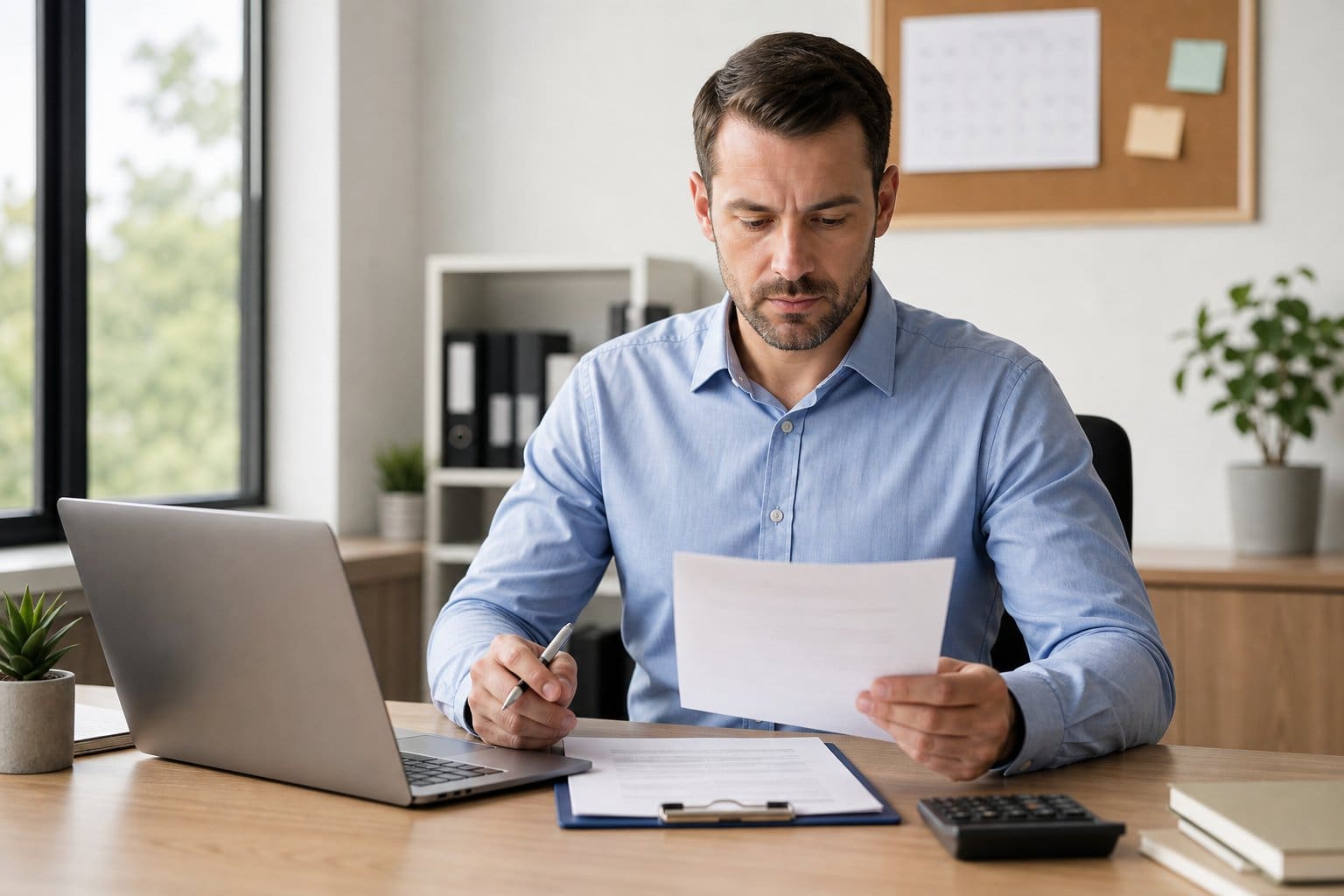 A person in business casual clothes sitting at a desk reviewing documents with a laptop and calculator in a bright office.