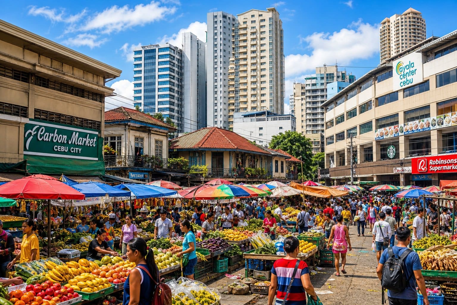 A busy outdoor market in Cebu with colorful stalls and various types of nearby residential and commercial buildings.