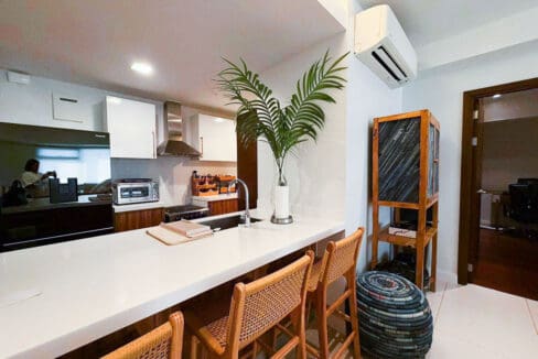 Kitchen close-up with Panasonic fridge, gas range, hood, and oven at The Alcoves 1BR