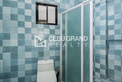 Blue-tiled bathroom with a frosted glass shower enclosure