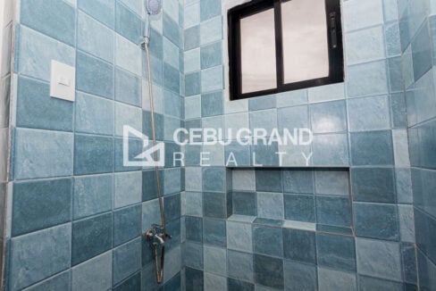 Blue-tiled shower with a handheld shower and wall niche