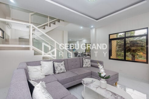 Sectional sofa and marble-look coffee table under a tray ceiling