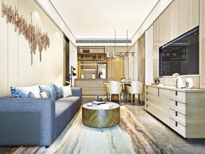 Studio Plus floor plan showing 33.28 sqm layout with balcony at Mandani Bay Quay