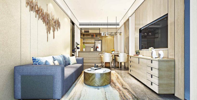 Studio Plus floor plan showing 33.28 sqm layout with balcony at Mandani Bay Quay
