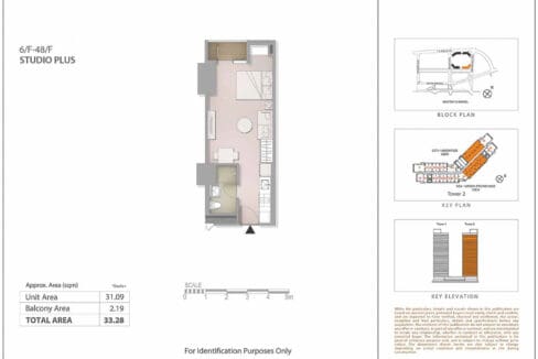 Standard floor plan of Mandani Bay Quay Tower 2 showing Studio Plus unit locations