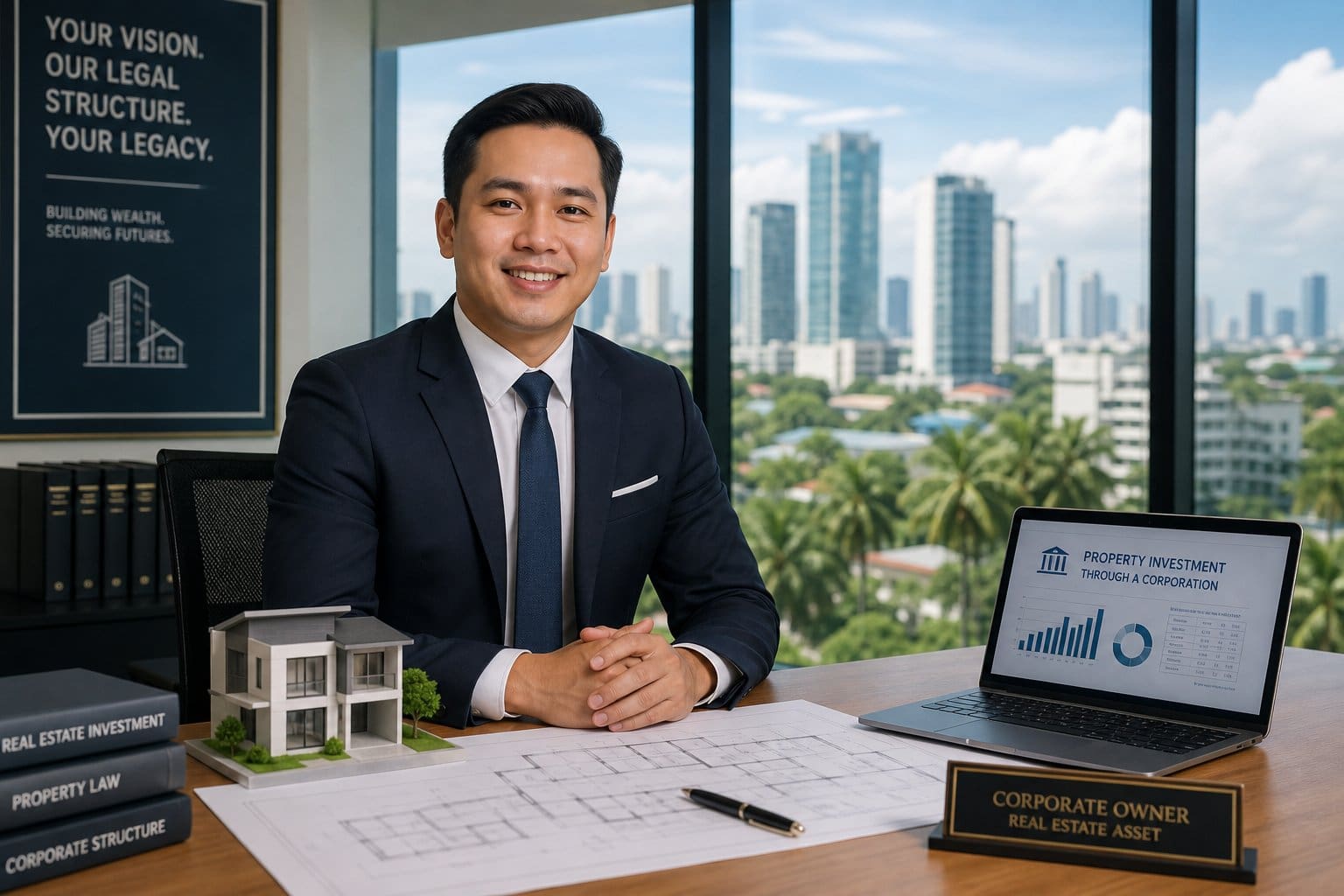 A Filipino businessperson in formal attire standing near a modern office building with real estate documents and a house model on a desk.
