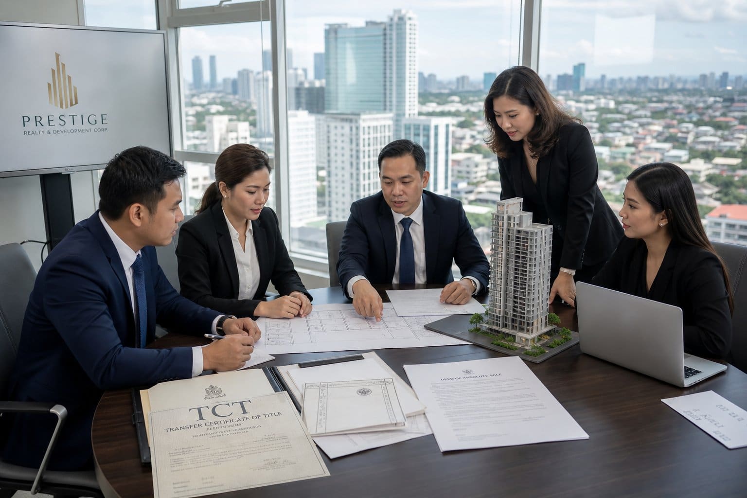 Business professionals discussing property documents around a conference table in a modern office with a city view.