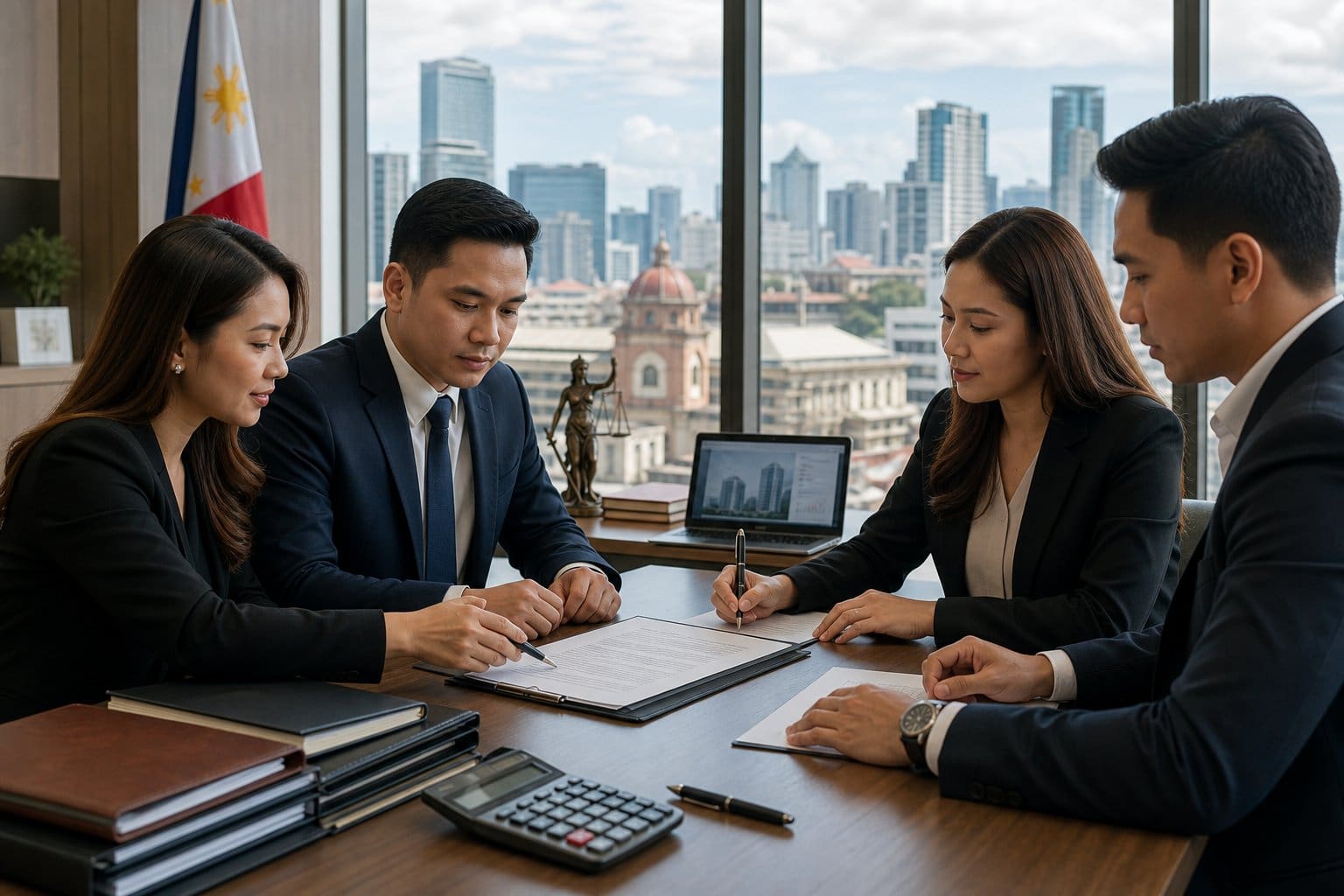 Business professionals reviewing property documents in an office with a Philippine flag and cityscape visible through the window.