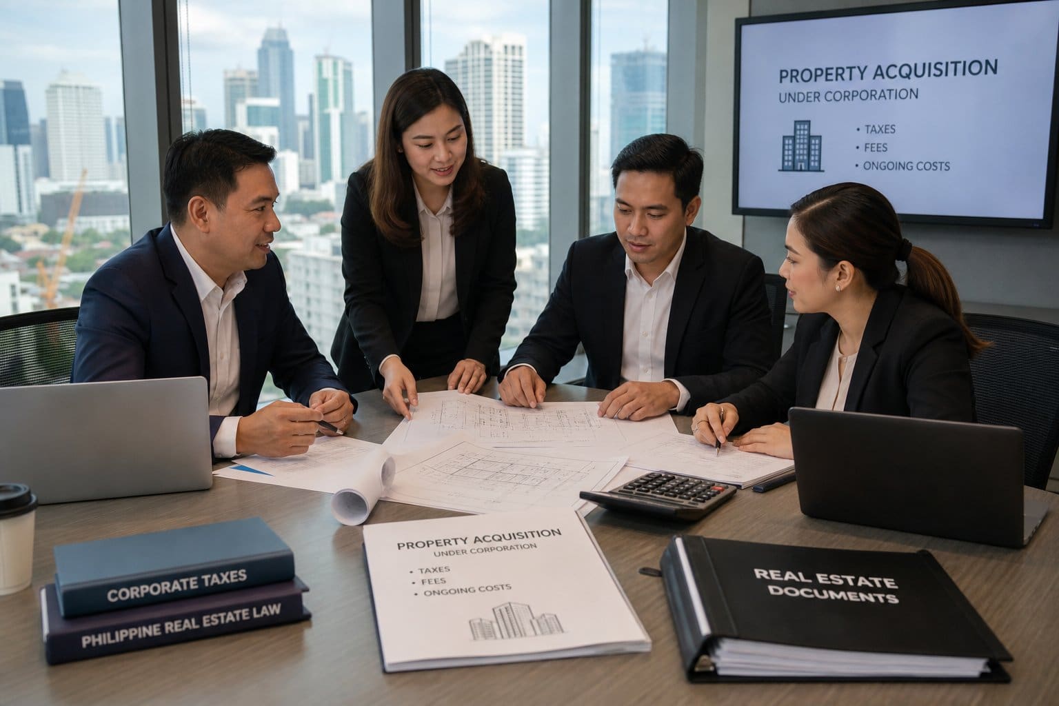 Business professionals discussing property documents and financial data in a modern office with a city skyline visible through a large window.