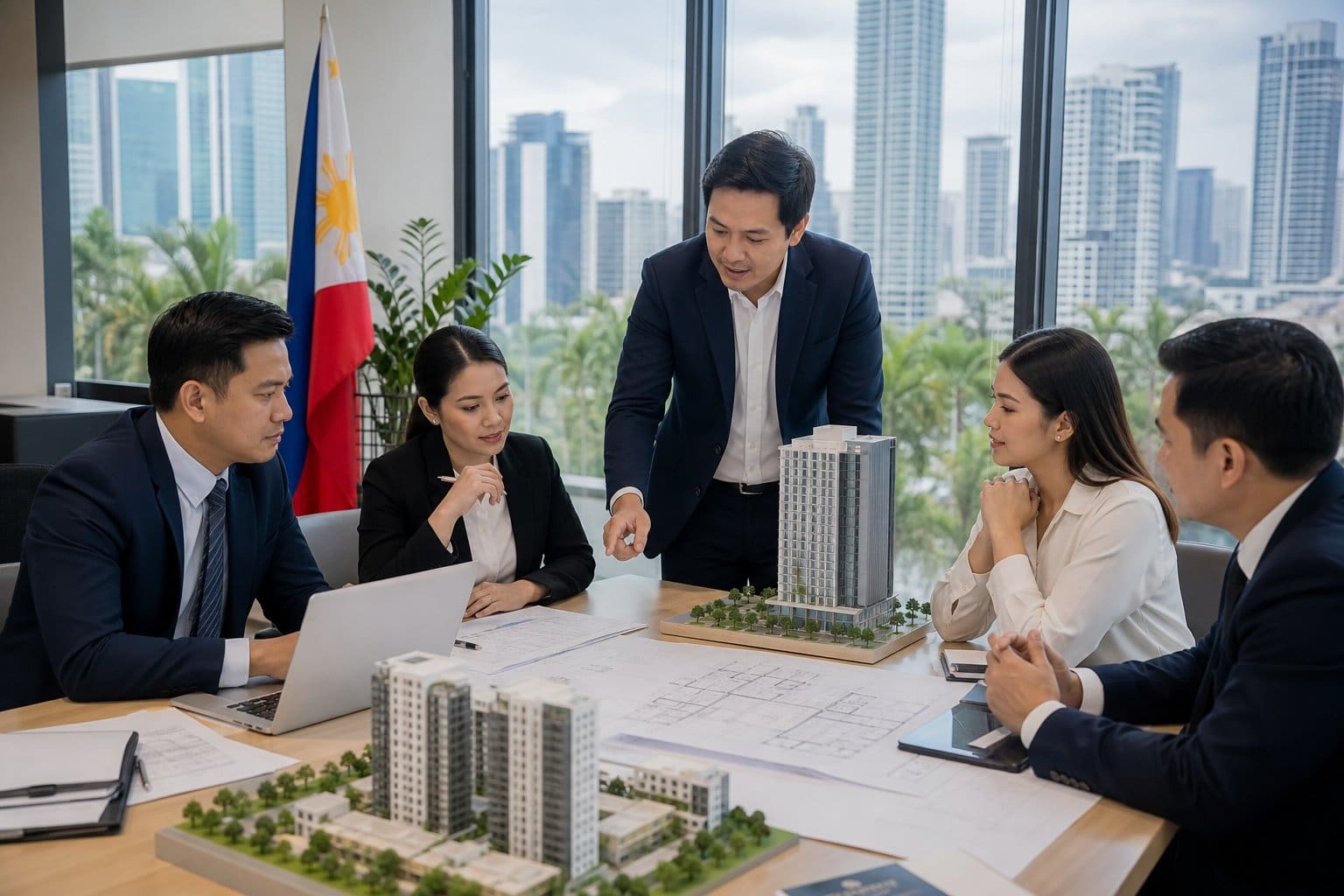 A group of Filipino professionals discussing property documents around a table in a modern office with a cityscape visible through large windows.