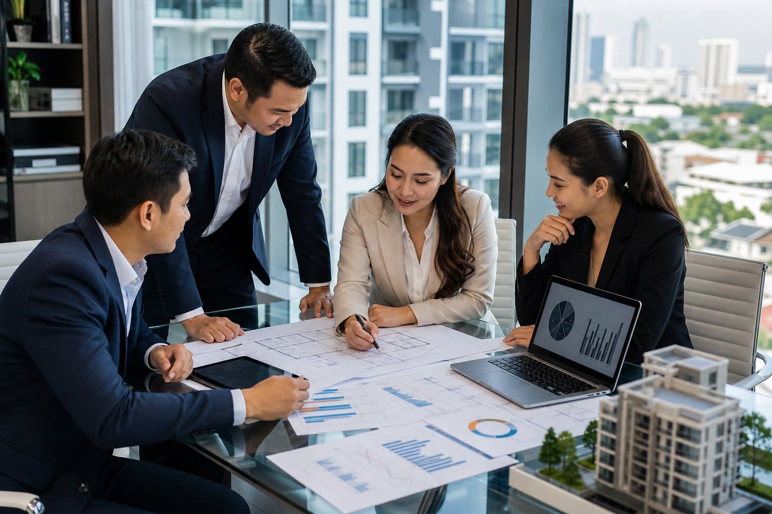 A group of Filipino business professionals discussing property documents around a table in a modern office with a cityscape visible through the window.
