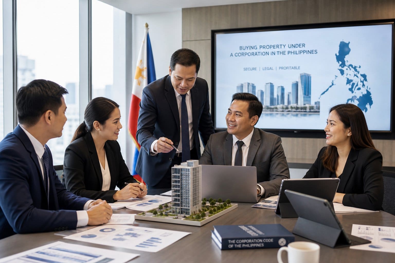 A group of professionals discussing property documents around a conference table with a building model in a modern office.