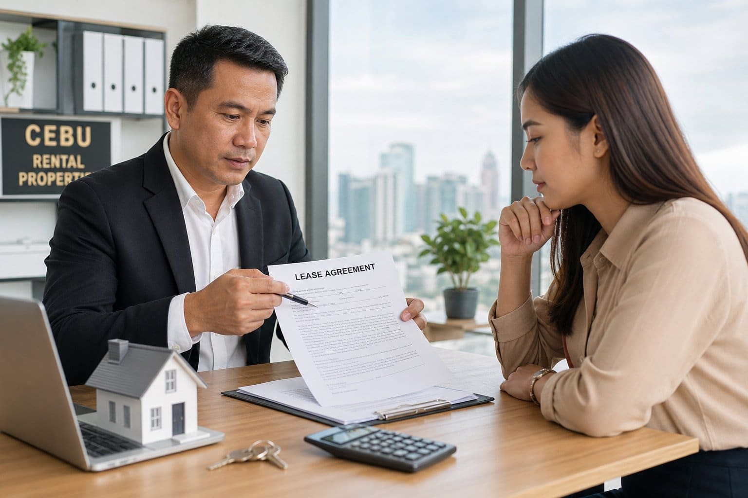 A Cebu landlord and tenant going over lease rules and screening requirements at a bright office.