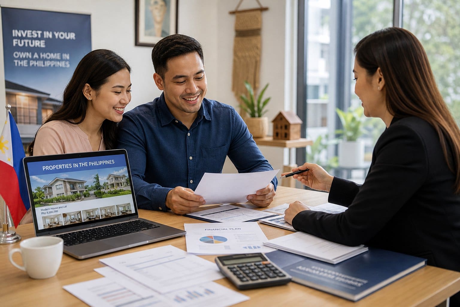OFW buyers discussing Philippines property with an agent — tax benefits like VAT exemption reduce purchase costs.