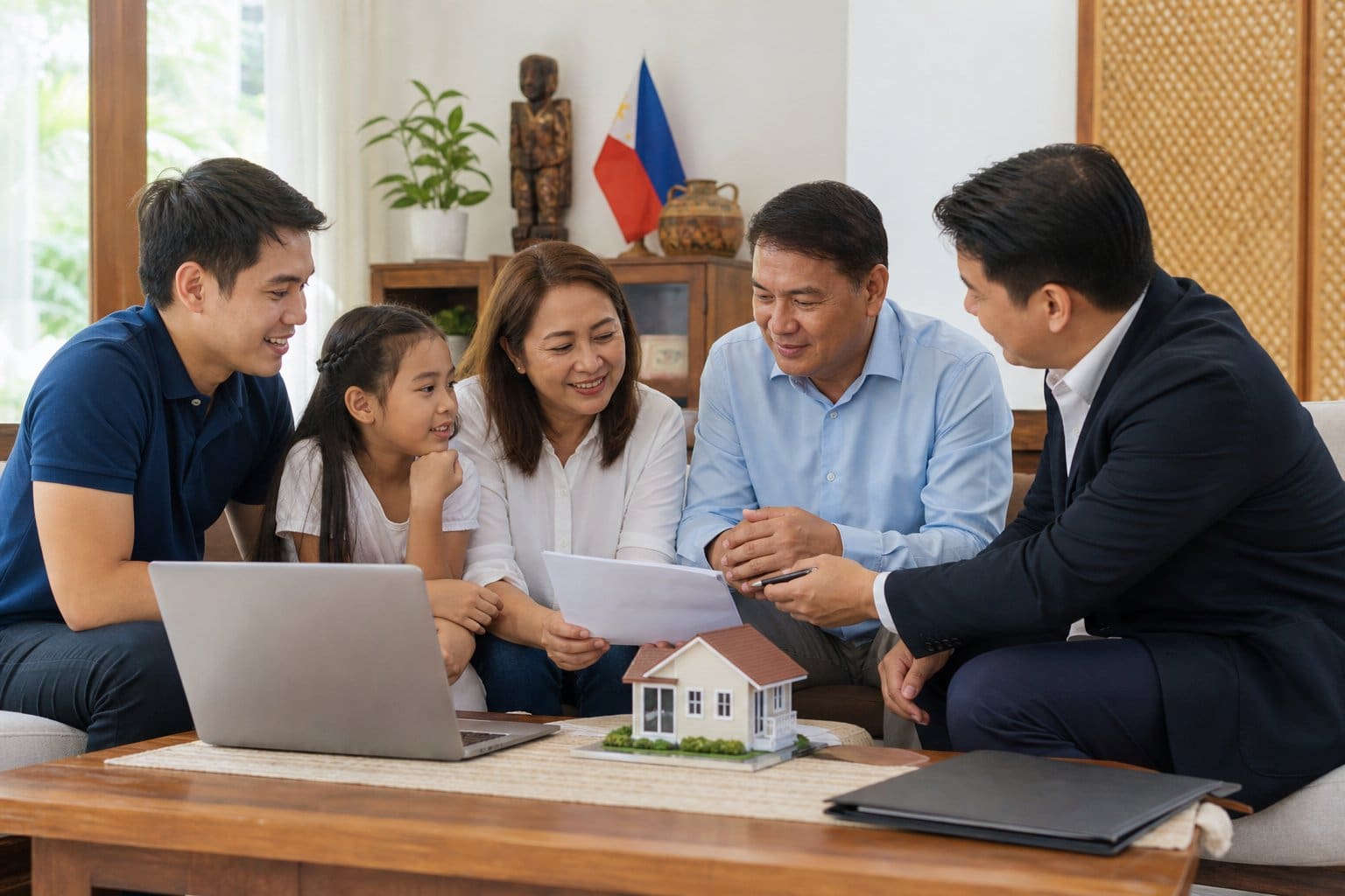 Filipino OFW family reviewing property tax documents with an advisor — planning estate deductions under TRAIN Law.
