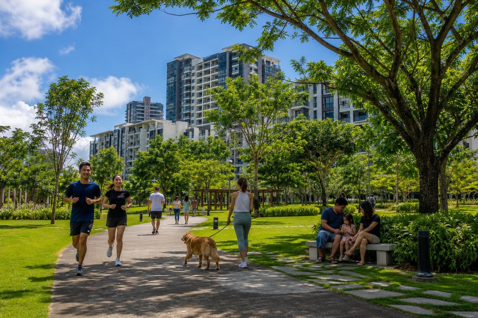 Outdoor spots in Cebu residential areas: sunny park with walking paths near modern buildings