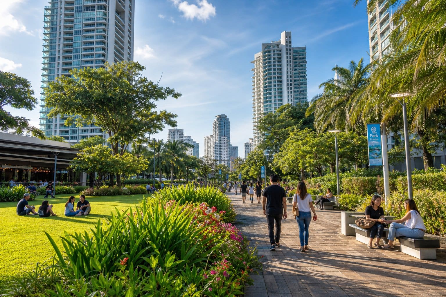 Cebu parks and outdoor spots near residential towers: urban green park with people walking on a sunny day