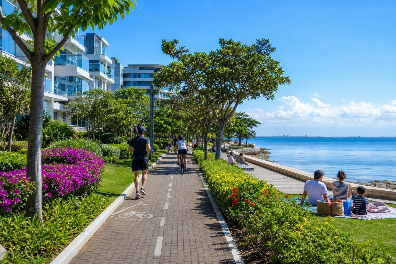 Outdoor spots in Cebu: coastal park near south Cebu residential buildings with walking paths and sea views