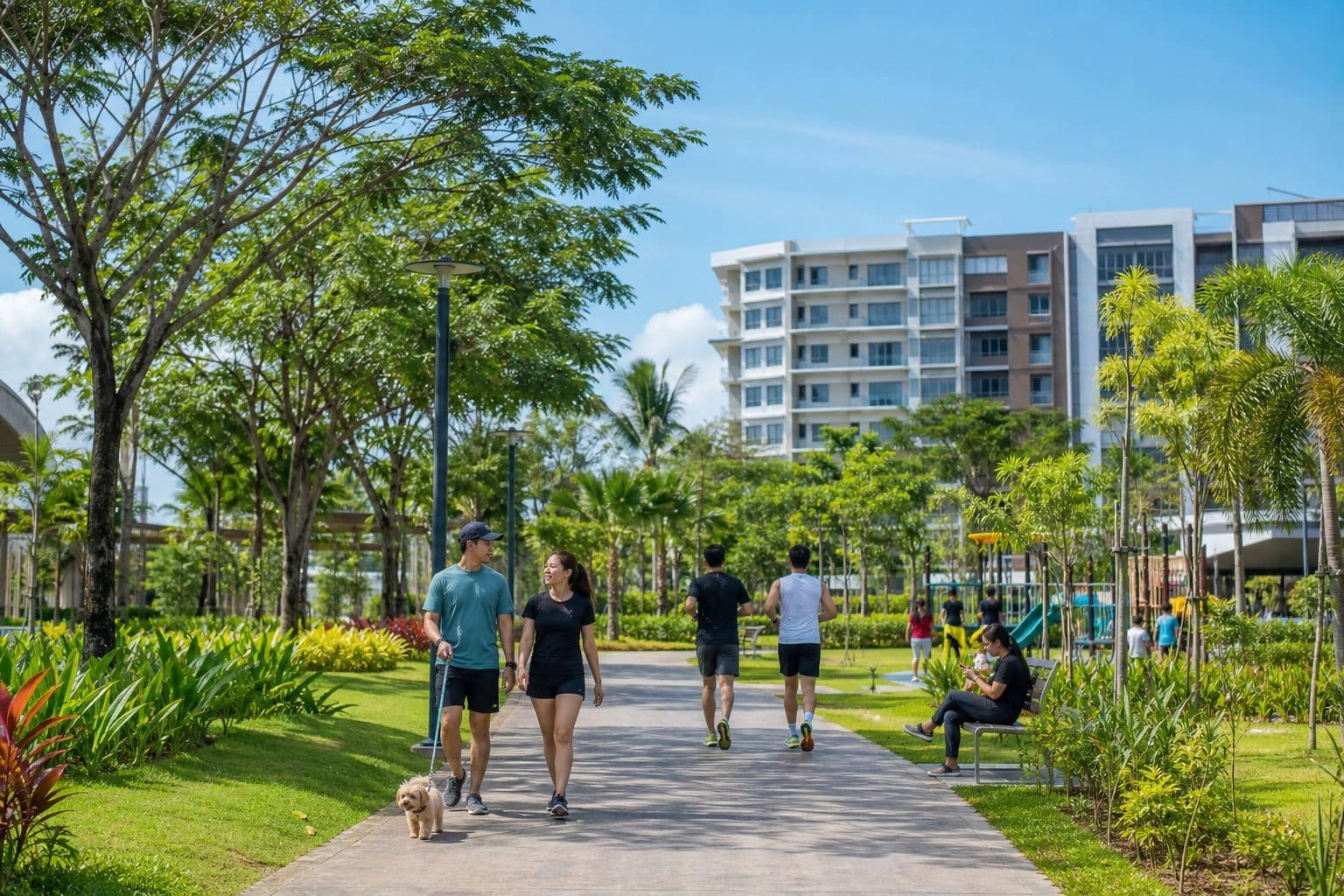 Cebu parks near residential areas: green park with walking paths and tropical trees in north Cebu