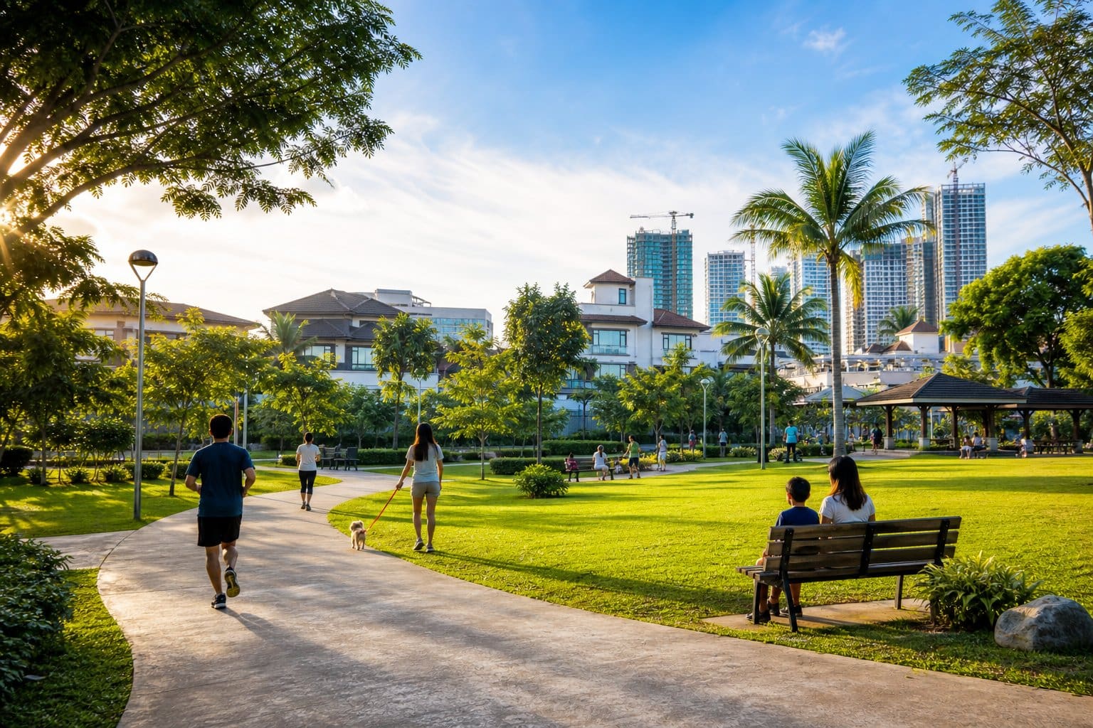 Parks and outdoor spots Cebu: peaceful green lawns with walking paths near residential buildings