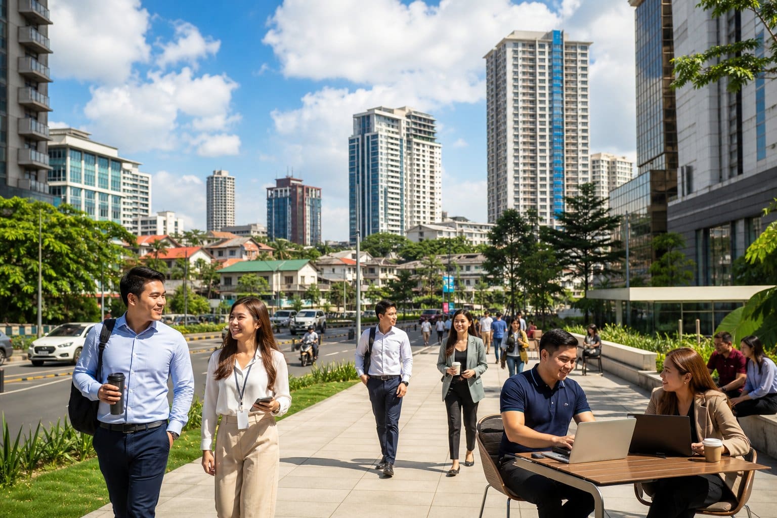 Young professionals in a modern urban area of Metro Cebu with office buildings, apartments, and green spaces representing the spread of the BPO industry beyond traditional business districts.
